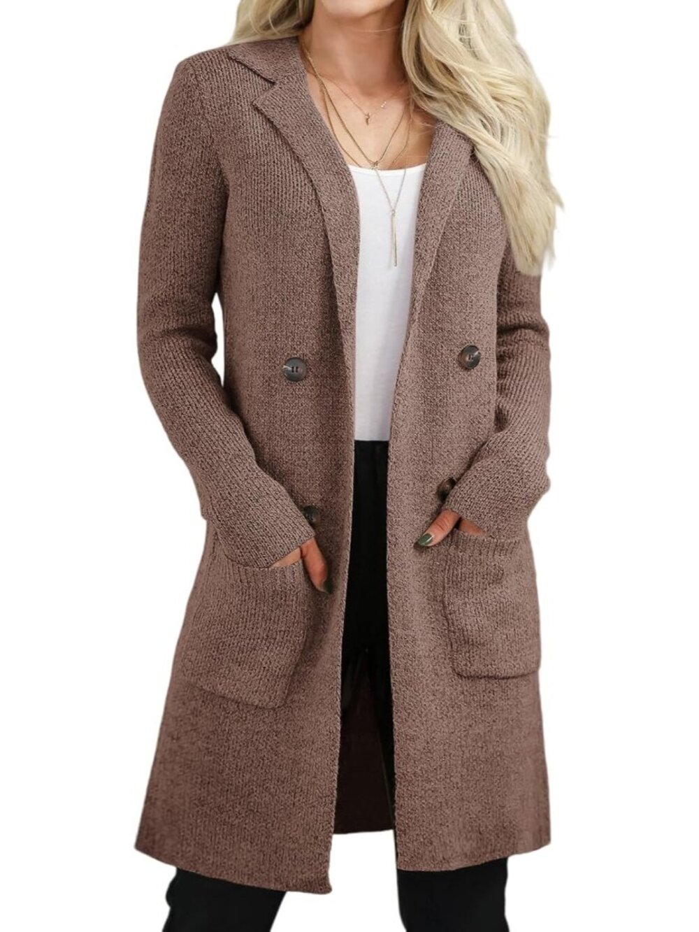 〽️Womens Tea Brown Open Front Long Cardigan Knit Sweater Coatigan Pockets